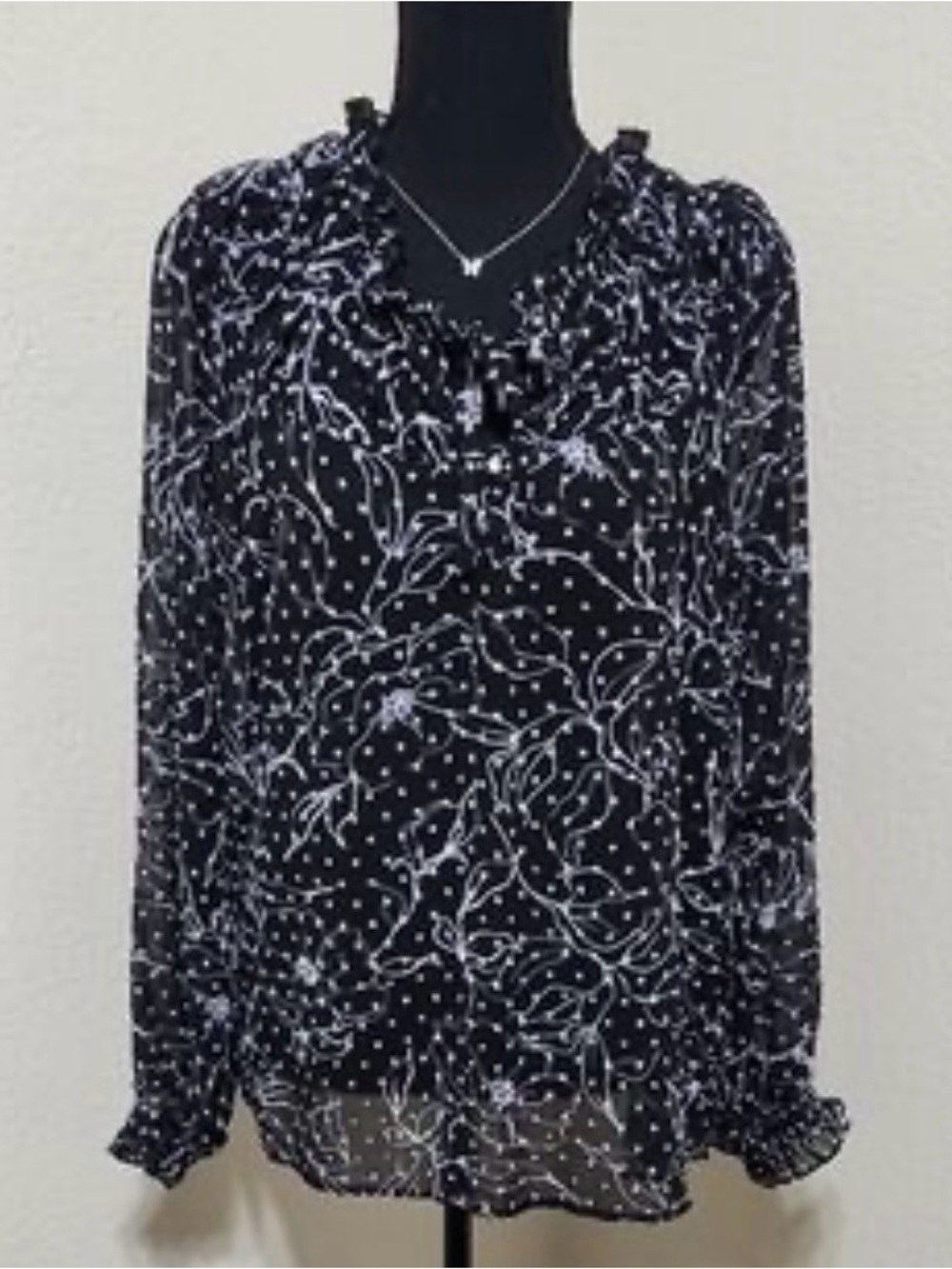 BABEAU Ruffled Black Floral & Dot Long-Sleeve Blouse